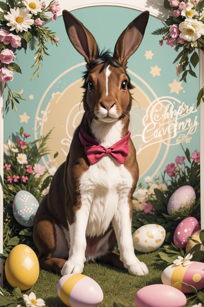 A delightful and colorful vector illustration of an Easter bunny in a serene, pastel-hued setting. The bunny, adorned with a simple yet elegant bowtie, holds a basket brimming with vibrant Easter eggs, each featuring a distinct pattern. The background radiates a festive atmosphere, with an ethereal blend of pastel colors and subtle white hues. The typography, featuring the words "Cavalo, Longo," adds a cheerful and welcoming element to the composition, inviting viewers to celebrate the joy of the season