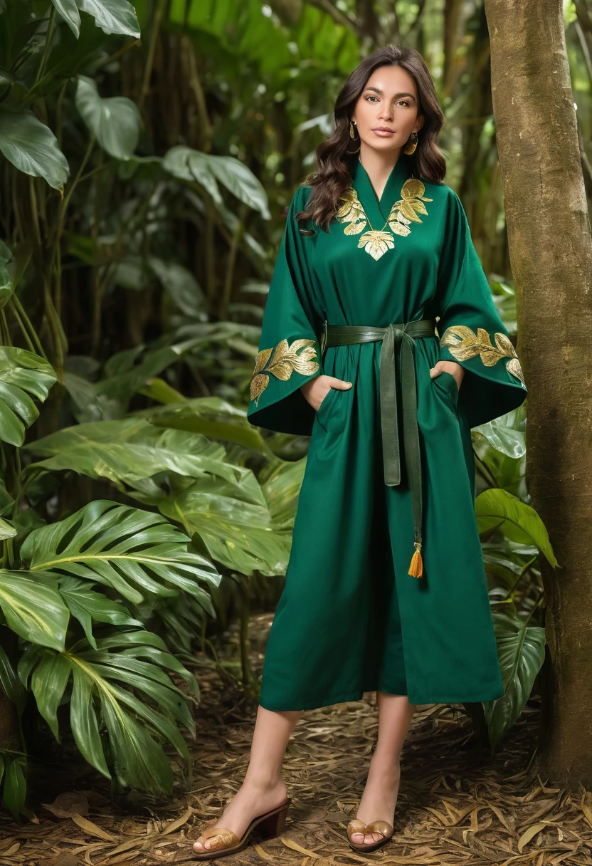 Robe:Color: Emerald green.Material: Thick, durable fabric, similar to high-quality linen or cotton.Details: Gold embroidery on the sleeves and hem, with patterns resembling tropical plant leaves. The robe has a comfortable fit, with wide sleeves and a gold belt at the waist.Pants/Skirts:Color: Dark green.Material: The same thick, durable fabric.Details: Discreet gold embroidery on the hem, imitating roots or vines. For students who prefer skirts, the length reaches the knee, with soft pleats.Cloak:Color: Moss green with a gold lining.Material: Heavy velvet for colder months and a lighter fabric for the hot Amazon climate.Details: The cloak is fastened with a gold brooch in the shape of a leaf or a native animal of the forest, such as a jaguar or an exotic bird.Shoes:Color: Black or dark brown.Material: Leather.Details: Comfortable, designed for walking on forest trails, with non-slip soles.Hat:Color: Green with a gold band.Material: Light and rain-resistant fabric.Details: The hat has wide brims to protect from the sun and rain, with a small gold embroidery on the band.Accessories:Scarf: Green with gold stripes for colder days.Gloves: Green with gold details on the cuffs.School Insignia:Location: On the left chest of the robe.Design: A gold emblem with the symbol of Castelobruxo, representing the flora and fauna of the Amazon, such as an enchanted tree or a mythical animal from the region