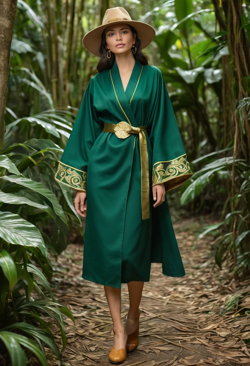 Robe:Color: Emerald green.Material: Thick, durable fabric, similar to high-quality linen or cotton.Details: Gold embroidery on the sleeves and hem, with patterns resembling tropical plant leaves. The robe has a comfortable fit, with wide sleeves and a gold belt at the waist.Pants/Skirts:Color: Dark green.Material: The same thick, durable fabric.Details: Discreet gold embroidery on the hem, imitating roots or vines. For students who prefer skirts, the length reaches the knee, with soft pleats.Cloak:Color: Moss green with a gold lining.Material: Heavy velvet for colder months and a lighter fabric for the hot Amazon climate.Details: The cloak is fastened with a gold brooch in the shape of a leaf or a native animal of the forest, such as a jaguar or an exotic bird.Shoes:Color: Black or dark brown.Material: Leather.Details: Comfortable, designed for walking on forest trails, with non-slip soles.Hat:Color: Green with a gold band.Material: Light and rain-resistant fabric.Details: The hat has wide brims to protect from the sun and rain, with a small gold embroidery on the band.Accessories:Scarf: Green with gold stripes for colder days.Gloves: Green with gold details on the cuffs.School Insignia:Location: On the left chest of the robe.Design: A gold emblem with the symbol of Castelobruxo, representing the flora and fauna of the Amazon, such as an enchanted tree or a mythical animal from the region