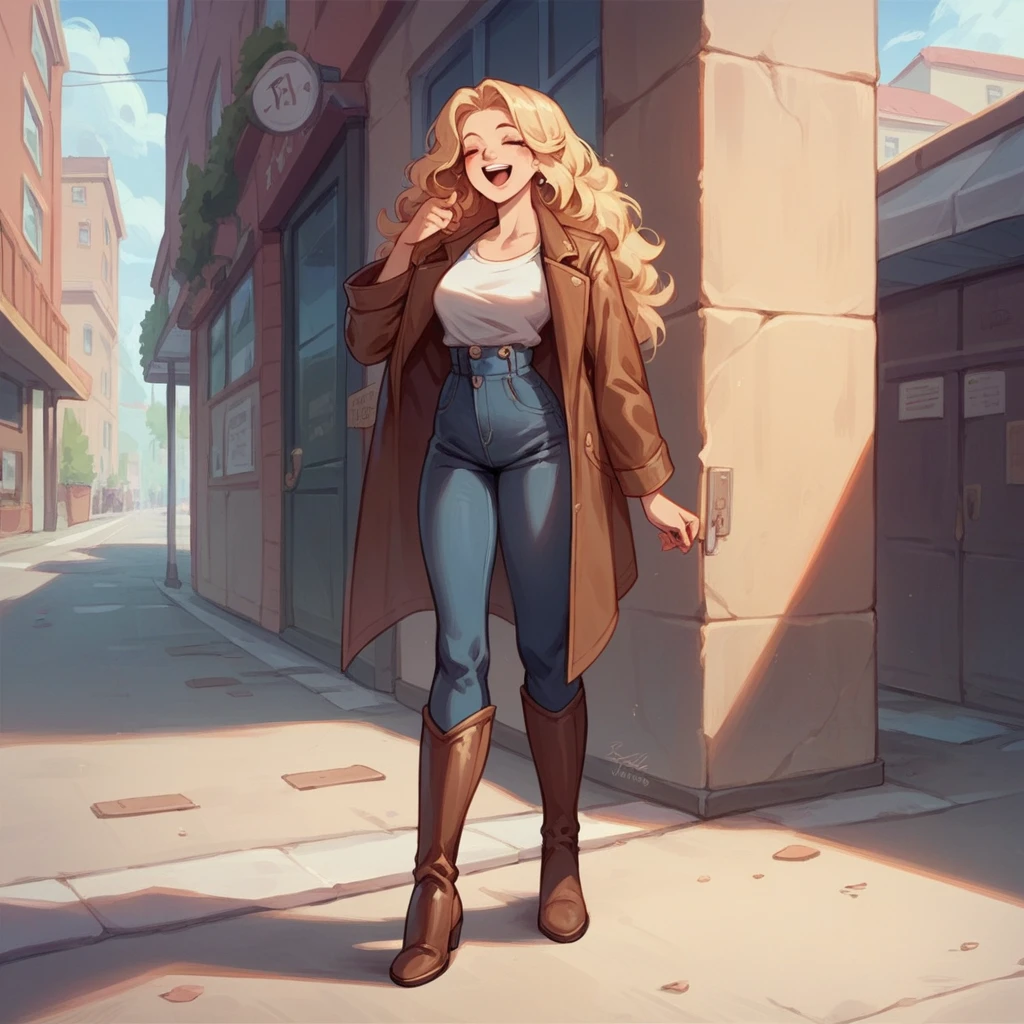 Beautiful woman 25 years old, not very high, long curly light blonde hair, Thin waist, medium breasts, shapely hips, she is wearing a blue and brown leather jacket, Cowboys, long brown boots with fringes, Street, happy