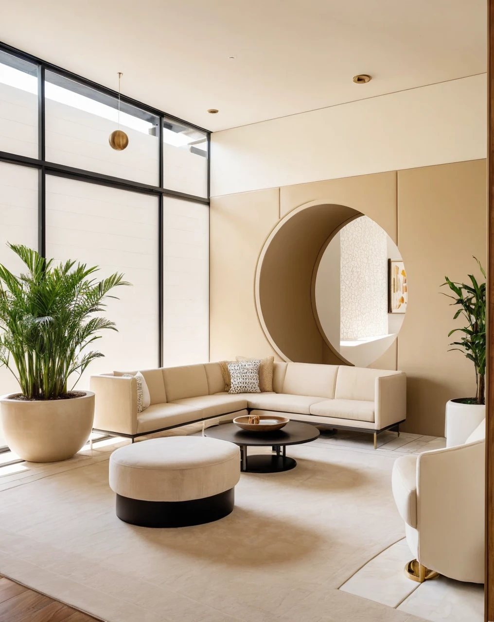 realistic photography. natural light. architectural Digest magazine quality photo. houzz photo. beautiful interior looking into a quaint living room with metal circles room divider, showroom., luxury, ultra modern, plush home. flat roof wing, popular interior home style. sandstone bricn and white walls. Lloyd wright style meets popular modern plush furniture in white, cream, beige. black. view into small yard. white stucco. peaceful potted plants, sunny day.