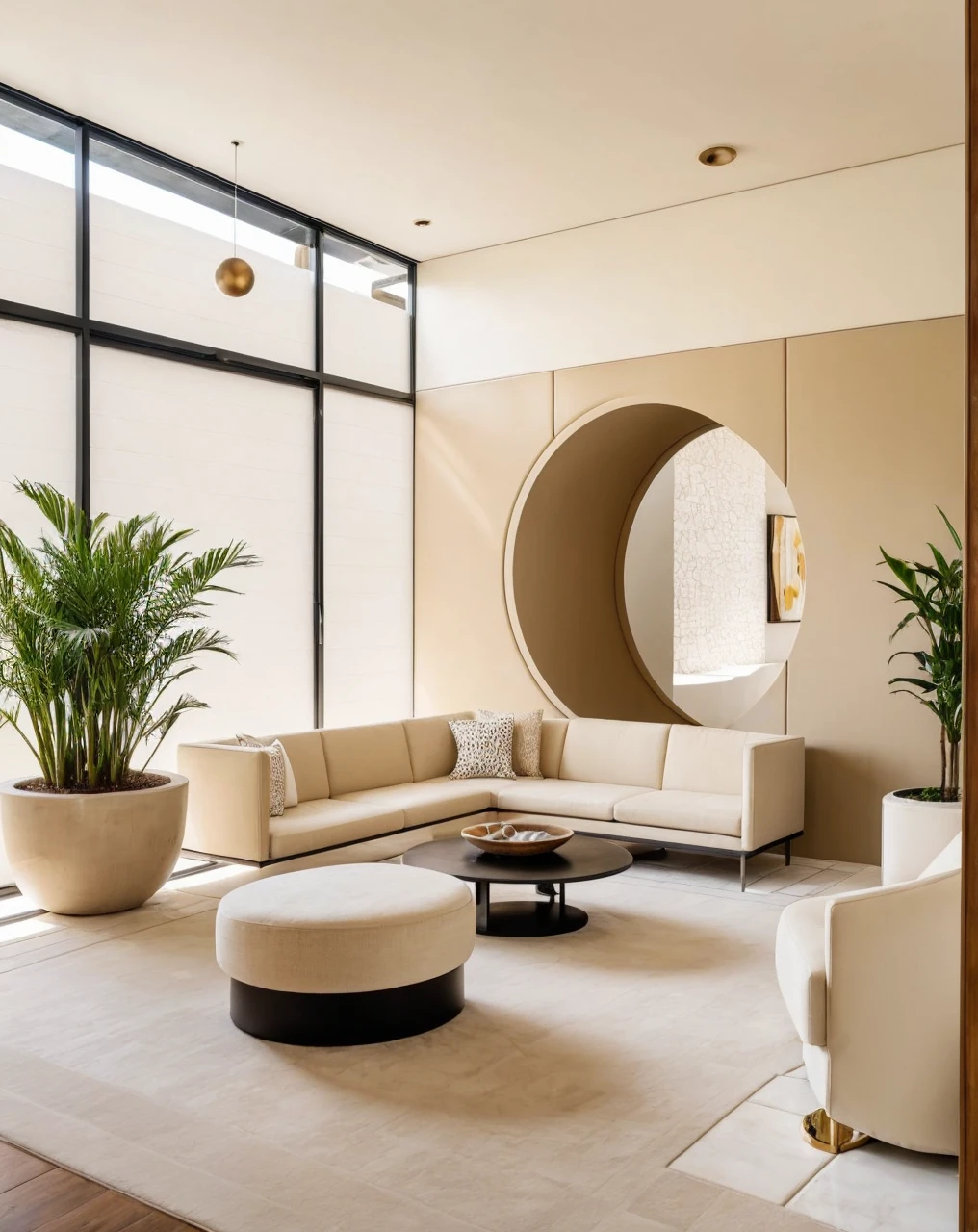 realistic photography. natural light. architectural Digest magazine quality photo. houzz photo. beautiful interior looking into a quaint living room with metal circles room divider, showroom., luxury, ultra modern, plush home. flat roof wing, popular interior home style. sandstone bricn and white walls. Lloyd wright style meets popular modern plush furniture in white, cream, beige. black. view into small yard. white stucco. peaceful potted plants, sunny day.