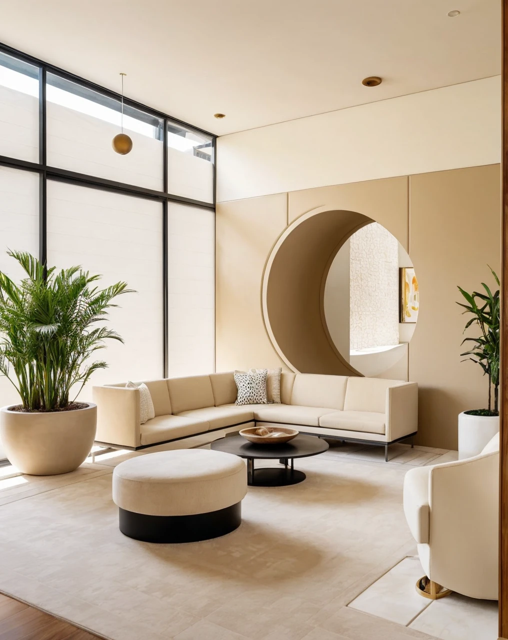 realistic photography. natural light. architectural Digest magazine quality photo. houzz photo. beautiful interior looking into a quaint living room with metal circles room divider, showroom., luxury, ultra modern, plush home. flat roof wing, popular interior home style. sandstone bricn and white walls. Lloyd wright style meets popular modern plush furniture in white, cream, beige. black. view into small yard. white stucco. peaceful potted plants, sunny day.
