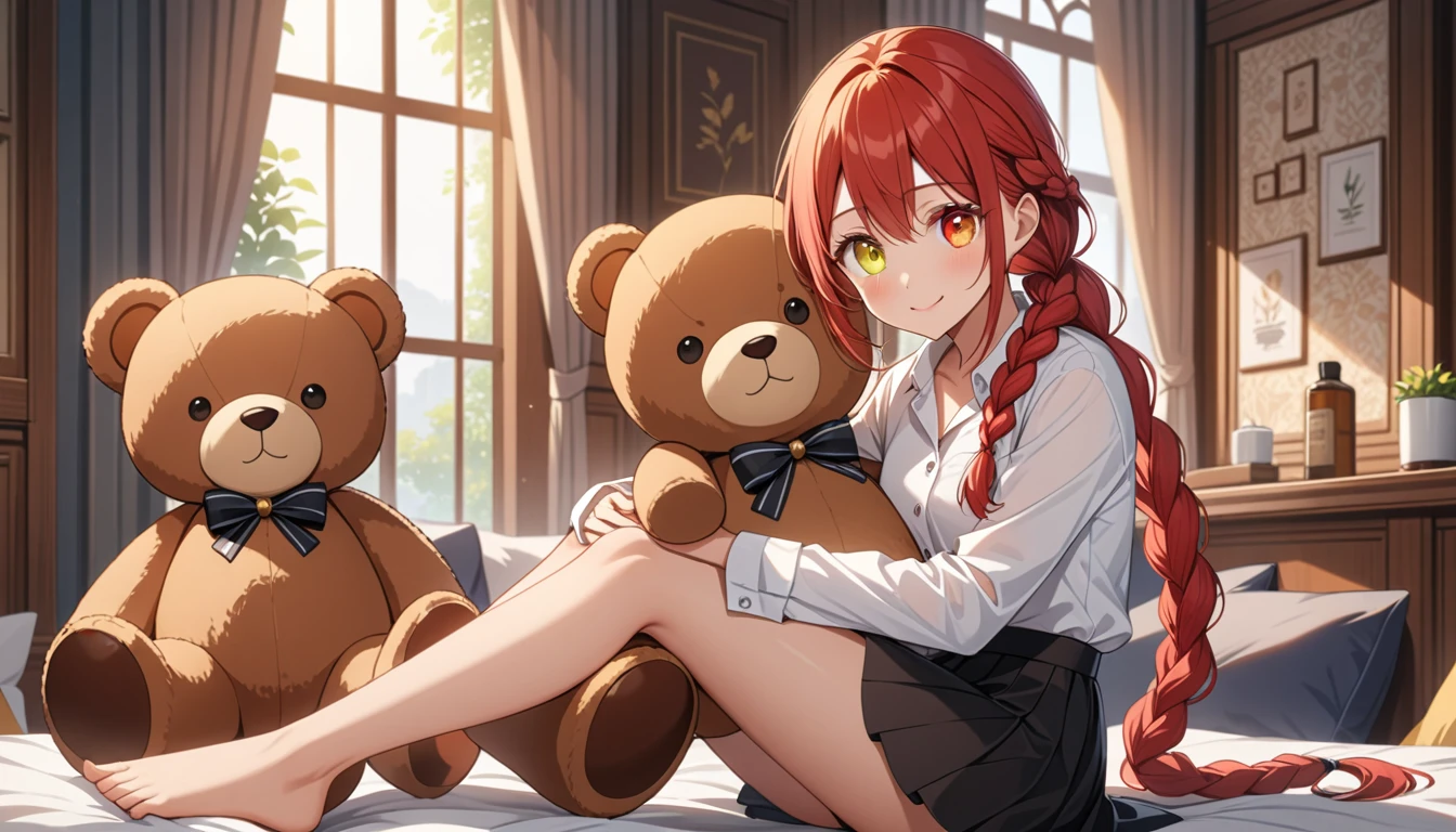 hand, hand, long hair, รอยsmile, smooth, small breasts, (yellow eyes:1.2), braid, red hair, braided ponytail, big eyes,นั่วHug a teddy bear,sexy,full body,Sitting position,Hug a teddy bear,smile,อ่อย
Take a break shirt, long sleeve, white shirt, dress shirt, skirt, black skirt, It&#39;s official., suit, black nightie, lady,
Take a break (Masterpiece:1.2), best quality, high resolution, Harmony wallpaper 8K, (illustration:0.8), (Beautifully detailed eyes:1.6), Very detailed face, perfect lighting, The CG is very detailed., (handที่สมบูรณ์แบบ, perfect anatomy), 