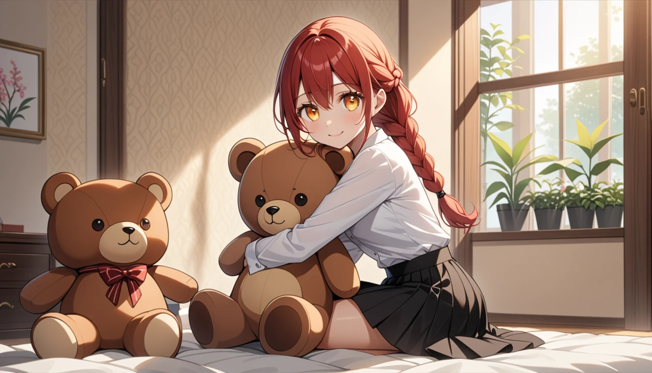 hand, hand, long hair, รอยsmile, smooth, small breasts, (yellow eyes:1.2), braid, red hair, braided ponytail, big eyes,นั่วHug a teddy bear,sexy,full body,Sitting position,Hug a teddy bear,smile,อ่อย
Take a break shirt, long sleeve, white shirt, dress shirt, skirt, black skirt, It's official., suit, black nightie, lady,
Take a break (Masterpiece:1.2), best quality, high resolution, Harmony wallpaper 8K, (illustration:0.8), (Beautifully detailed eyes:1.6), Very detailed face, perfect lighting, The CG is very detailed., (handที่สมบูรณ์แบบ, perfect anatomy),