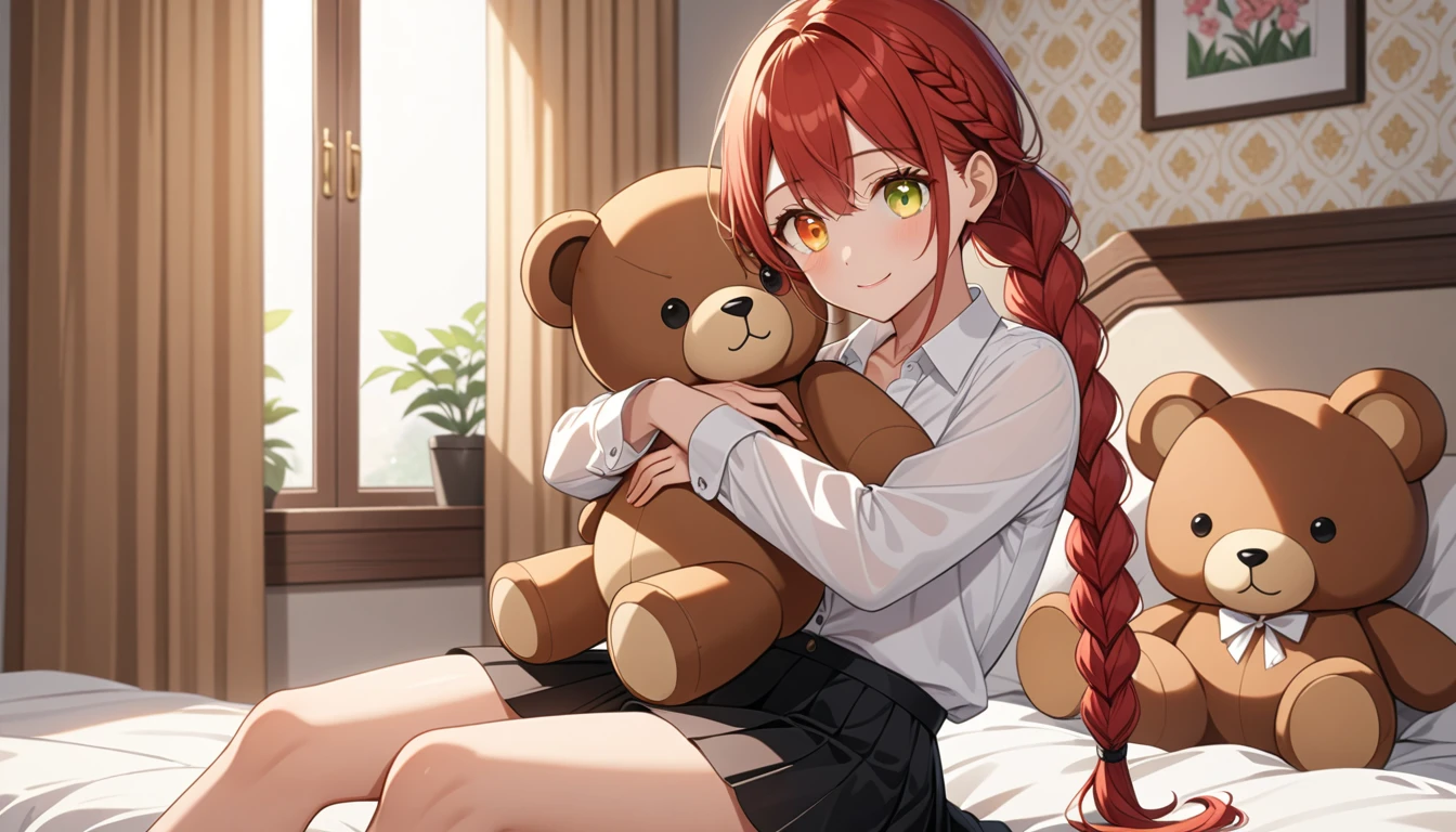 hand, hand, long hair, รอยsmile, smooth, small breasts, (yellow eyes:1.2), braid, red hair, braided ponytail, big eyes,นั่วHug a teddy bear,sexy,full body,Sitting position,Hug a teddy bear,smile,อ่อย
Take a break shirt, long sleeve, white shirt, dress shirt, skirt, black skirt, It&#39;s official., suit, black nightie, lady,
Take a break (Masterpiece:1.2), best quality, high resolution, Harmony wallpaper 8K, (illustration:0.8), (Beautifully detailed eyes:1.6), Very detailed face, perfect lighting, The CG is very detailed., (handที่สมบูรณ์แบบ, perfect anatomy), 