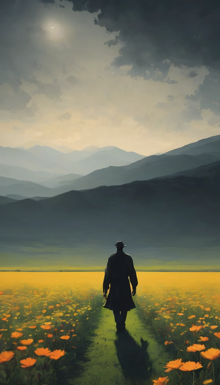 Mixed emotions in a vast field dark man walking alone with a flower in his hand
