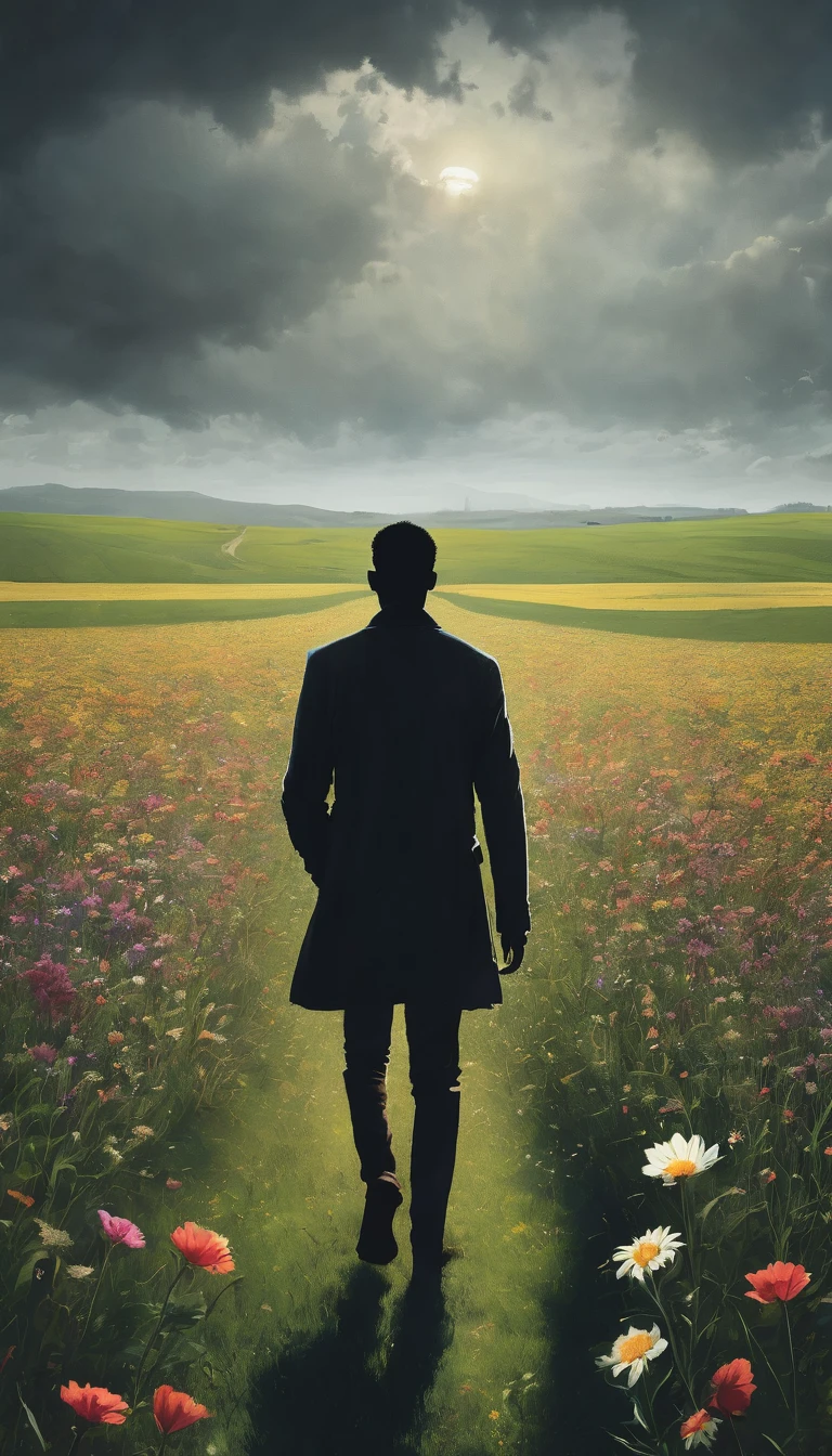Mixed emotions in a vast field dark man walking alone with a flower in his hand 