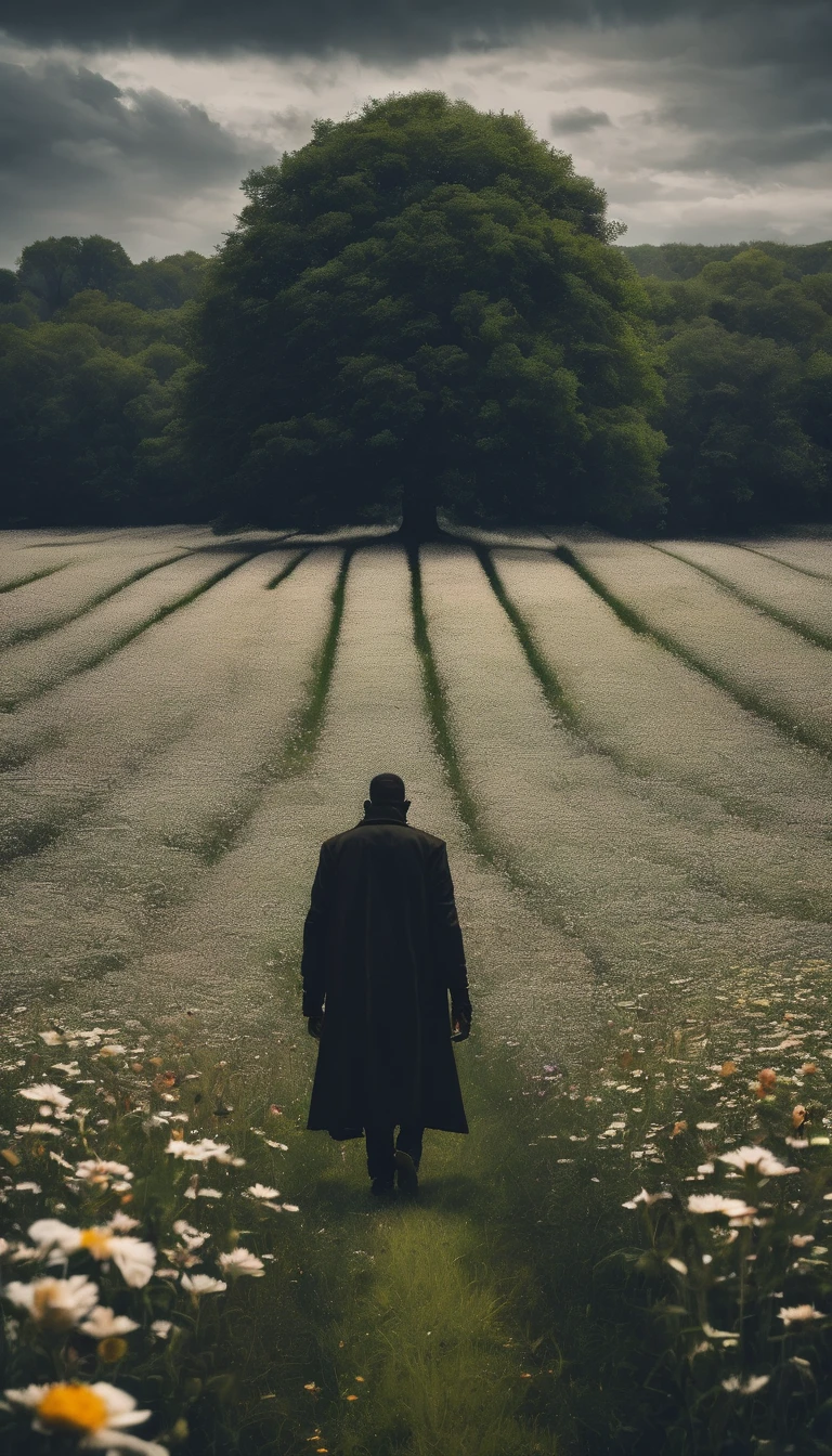 Mixed emotions in a vast field dark man walking alone with a flower in his hand