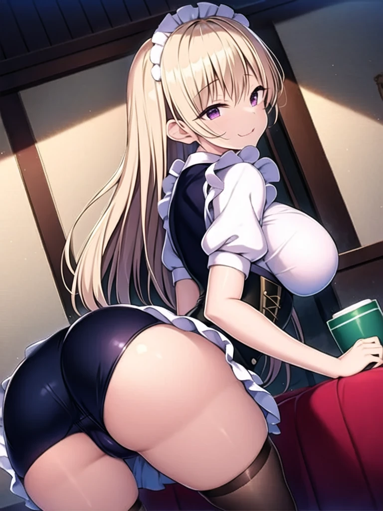 One girl, alone, View your viewers, Blonde long hair, Wearing a corset, Maid,Big Ass, Brown eyes, Upper Body,Inside the castle, Normal ,