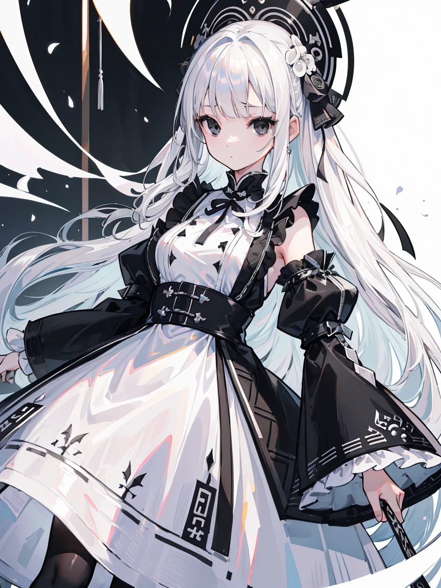 (Top image quality)、(Very detailed)、(Facing forward)、Top quality、masterpiece、(((1 girl )))、Silver Hair、White hair、((Long hair))、Weaving、(black eyes:1.6)、(White and black cheongsam)、Hooded dress、Lots of decorations、Lots of ribbons、White Ribbon、ruthless、Journey to the West、Fluffy loose hair