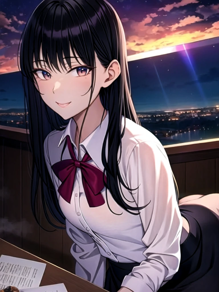 (Ultra-realistic), (figure), (High resolution), (8k), (Very detailed), (best figure), night ( Chainsaw Man ), (Beautiful attention to detail), (Highest quality), (Very detailed), (masterpiece), (wallpaper), (Detailed face), alone, Upper Body, Focus on the face, 1 girl, Long black hair, Korean, Light eyeshadow, Well-detailed eyes, Brown eyes, Small mole under eye, Long sleeve shirt, Neck Bow, Small breasts, Apron dress, Dynamic pose, Low light, night, dark, cloud, dark night