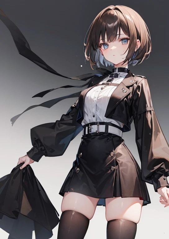 a woman with short brown hair, a black and white outfit, eyes browns