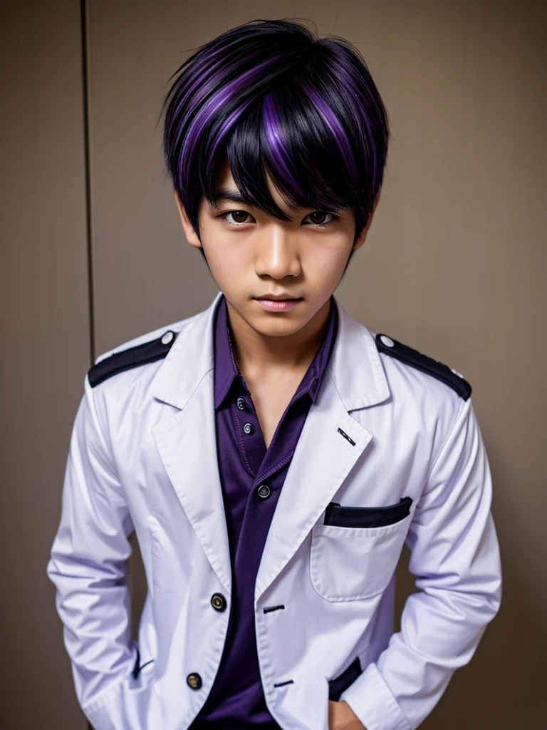 (best quality), 1boy, Male, asian, white skin, black hair, short hair, purple streaked hair, Messy Waves, brown eyes, perfect eyes, gakuran uniform, masterpiece, anatomically correct, highres