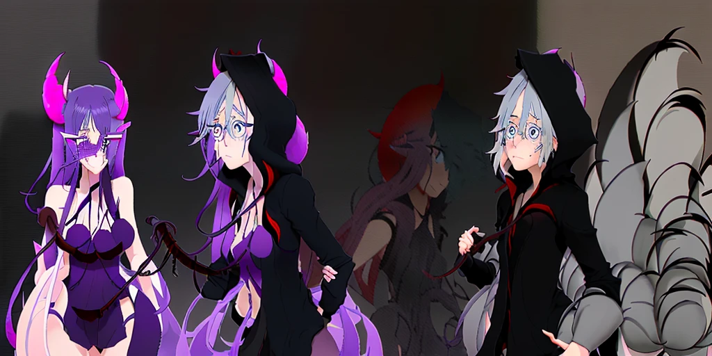 anime characters with purple hair and black hoodies, next to each other, gamoe yandere grimdark, 2d anime style, anime in fantasy style, official fanart, puce and vermilion, Fan art of jogo 2D, A little red and purple, 2d art, 2d art, not anime style, gamoe yandere, 2 d anime, zerochan art