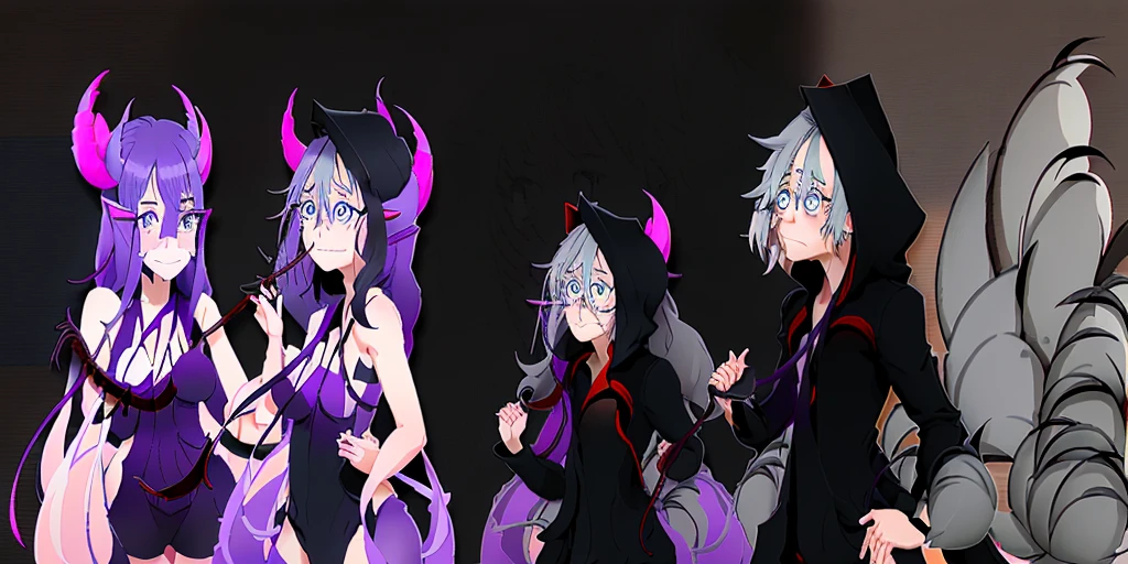 anime characters with purple hair and black hoodies, next to each other, gamoe yandere grimdark, 2d anime style, anime in fantasy style, official fanart, puce and vermilion, Fan art of jogo 2D, A little red and purple, 2d art, 2d art, not anime style, gamoe yandere, 2 d anime, zerochan art