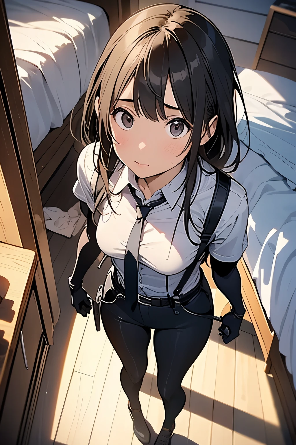 1 female, , high quality, masterpiece, Ultra-high resolution, , Cinema Lighting, , , And the suspenders with the cranes flying　　　Moderate breasts　 　 　　　　Small face　 　　　holster　　　　　　　 Lying in bed　Looking up　　　　Sweat 　　　belt　summer　脇Sweat 　Black Hole Gloves　suit　shirt　　Black jacket　 Black trousers　Leg Links　ズボンにbelt　　holster　 　　Hands behind your back　 Anxious expression　Looking up　Anxious face, legs apart