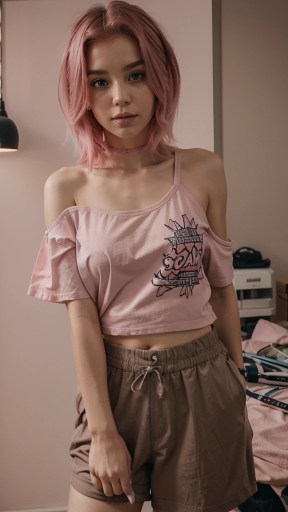 girl, , short shoulder-length hair, pink hair color, bikini, tshirt,