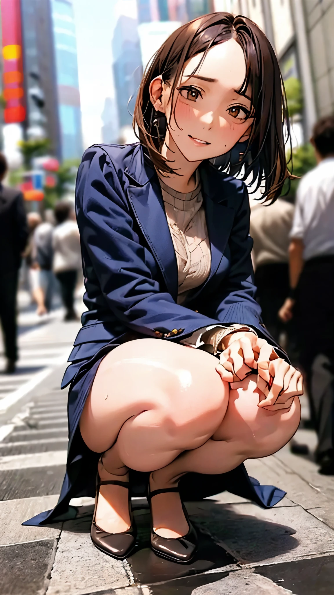 Skyscrapers in the background,masterpiece,Highest quality,High resolution,Anatomically correct,Sweat,Blue suit,pantyhose,shirt,Spread your legs,Spread your legs,Glowing Skin,Forehead,Messy Hair,Long Bob,ID card,Bend your knees and squat