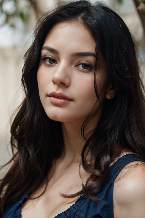 Close-up of a woman with black hair and a blue dress, beautiful , natural soft pale skin, magnificent portrait,Wavy hair, beautiful portrait, flowing hair and , stunning portrait, attractive facial features,