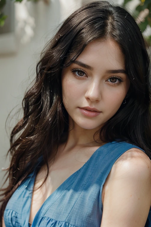 Close-up of a woman with black hair and a blue dress, beautiful , natural soft pale skin, magnificent portrait,Wavy hair, beautiful portrait, flowing hair and , stunning portrait, attractive facial features,