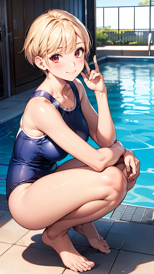 (masterpiece:1.2, Highest quality), (Realistic, photoRealistic:1.4), Beautiful illustrations, (Natural Side Lighting, Cinema Lighting),
View your viewers, Upper Body, (Front view), 1 girl, Japanese, high school girl, Perfect Face, Cute and symmetrical face, Glowing Skin, Baby Face,
(short hair:1.5, Pixie Cut:1.4, Blonde), Pin your bangs back, Red eyes, Long eyelashes, (Large Breasts:0.6),
Beautiful Hair, Beautiful Face, Beautiful attention to detail, Beautiful clavicle, Beautiful body, Beautiful breasts, Beautiful thighs, Beautiful feet, Beautiful fingers,
(School Swimsuit),
(Beautiful views), evening, Squatting in the pool, (Cute smile, Upward glance),
