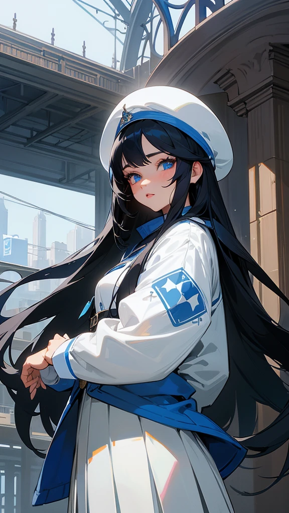 beautiful girl with long black hair, beautiful detailed blue eyes, beautiful detailed lips, extremely detailed face, white high tights, white skirt, dark blue jacket, train station background, anime style, highly detailed, masterpiece, soft colors
