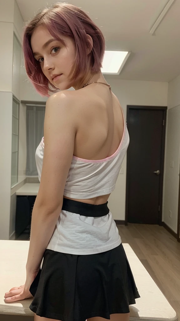 girl 21 years old, short shoulder-length hair, pink hair , wearing a short black skirt, white T-shirt, leaning on a table,room in the background,with her back turned