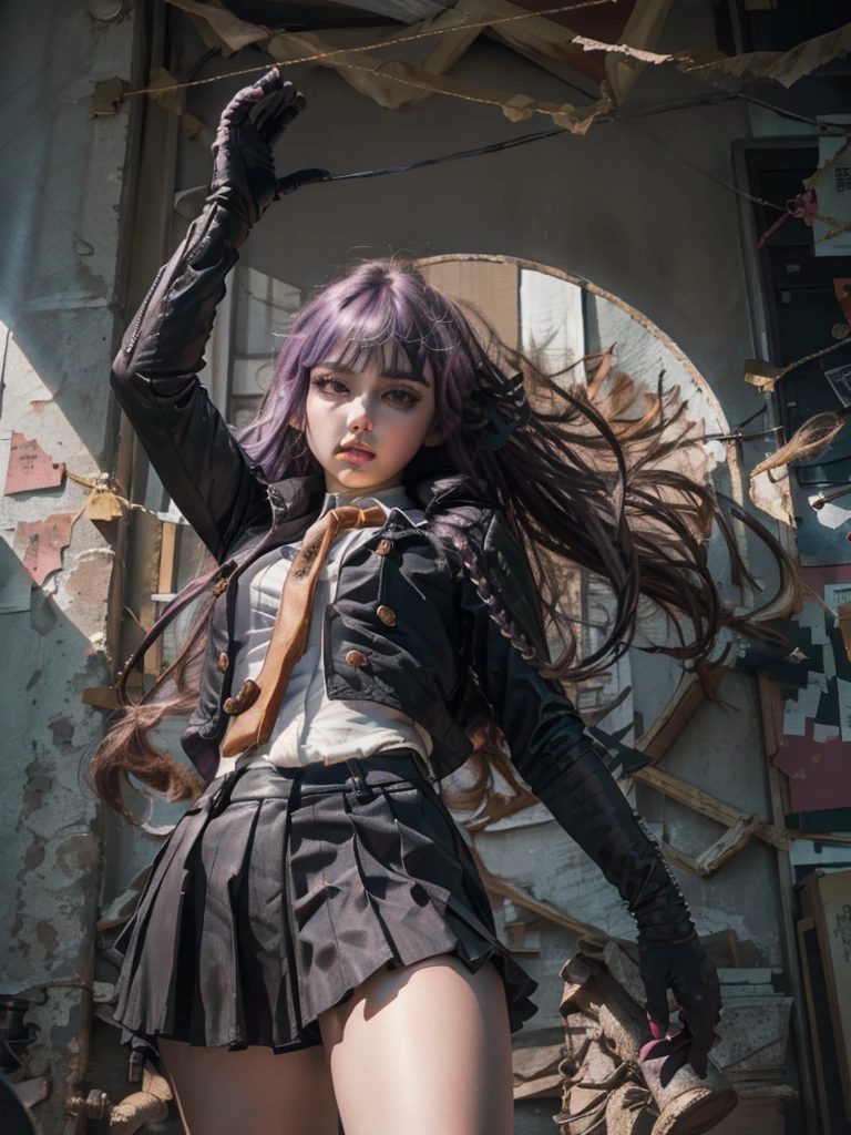 photo Realistic, masutepiece, Realistic, High contrast, hyper Detailed, Best Quality, 超A high resolution, photo Realistic, High resolution, Detailed, Raw photo, Kyoko Kirigiri, Long hair, Purple hair, Side braid, Blunt bangs, Hair Ribbon, a black ribbon, High collar, Brown tie, Black Motorcycle Jacket, Long sleeves, Black Gloves, Black mini skirt, Pleated skirt,(( Black long boots)), (((Full Shot))), Danganronpa \(Series\), Street, Full Shot, Looking at Viewer, White shirt, Woman, (((From below))), Busy city, foreshortening, (Pose Seductive), Looking at Viewer, mad, (eyecontact), japanaese girl,