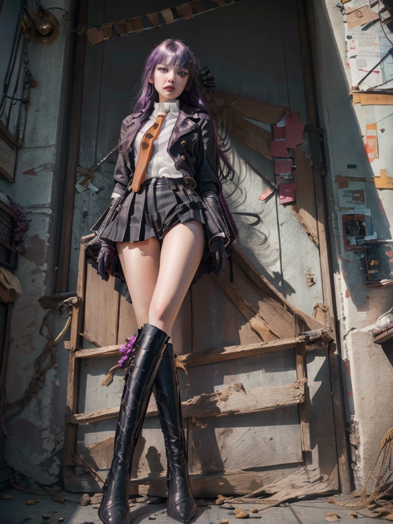 photo Realistic, masutepiece, Realistic, High contrast, hyper Detailed, Best Quality, 超A high resolution, photo Realistic, High resolution, Detailed, Raw photo, Kyoko Kirigiri, Long hair, Purple hair, Side braid, Blunt bangs, Hair Ribbon, a black ribbon, High collar, Brown tie, Black Motorcycle Jacket, Long sleeves, Black Gloves, Black mini skirt, Pleated skirt,(( Black long boots)), (((Full Shot))), Danganronpa \(Series\), Street, Full Shot, Looking at Viewer, White shirt, Woman, (((From below))), Busy city, foreshortening, (Pose Seductive), Looking at Viewer, mad, (eyecontact), japanaese girl,