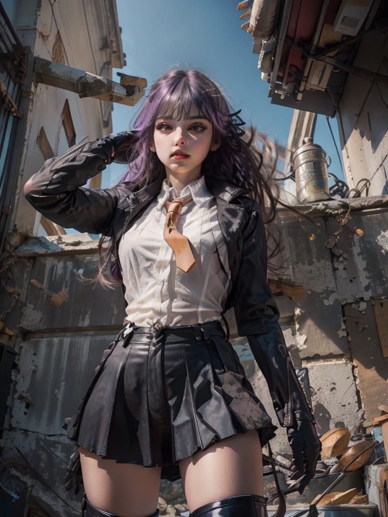 photo Realistic, masutepiece, Realistic, High contrast, hyper Detailed, Best Quality, 超A high resolution, photo Realistic, High resolution, Detailed, Raw photo, Kyoko Kirigiri, Long hair, Purple hair, Side braid, Blunt bangs, Hair Ribbon, a black ribbon, High collar, Brown tie, Black Motorcycle Jacket, Long sleeves, Black Gloves, Black mini skirt, Pleated skirt,(( Black long boots)), (((Full Shot))), Danganronpa \(Series\), Street, Full Shot, Looking at Viewer, White shirt, Woman, (((From below))), Busy city, foreshortening, (Pose Seductive), Looking at Viewer, mad, (eyecontact), japanaese girl,