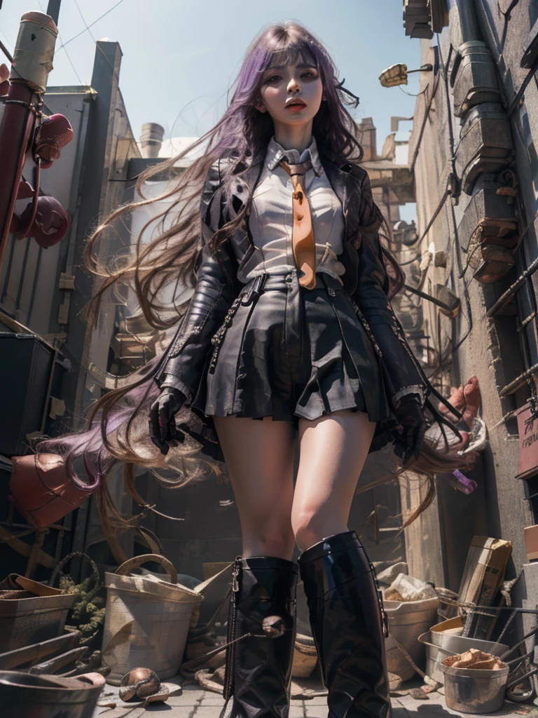 photo Realistic, masutepiece, Realistic, High contrast, hyper Detailed, Best Quality, 超A high resolution, photo Realistic, High resolution, Detailed, Raw photo, Kyoko Kirigiri, Long hair, Purple hair, Side braid, Blunt bangs, Hair Ribbon, a black ribbon, High collar, Brown tie, Black Motorcycle Jacket, Long sleeves, Black Gloves, Black mini skirt, Pleated skirt,(( Black long boots)), (((Full Shot))), Danganronpa \(Series\), Street, Full Shot, Looking at Viewer, White shirt, Woman, (((From below))), Busy city, foreshortening, (Pose Seductive), Looking at Viewer, mad, (eyecontact), japanaese girl,