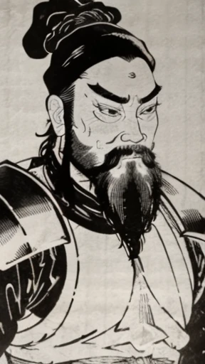 (((Three Kingdoms Monochrome)))、(((He is wearing a black swimming cap and a black cloth wrapped around his topknot.、Bearded young man in armour)))、（（Ancient Chinese man in armor））、（Ink Painting）、Highest quality、masterpiece、Ultra-high resolution、(Realistic:1.4)、Game Poster、The Three Bearded Men of the Kingdom,Oriental、As seen in the Romance of the Three Kingdoms々military commander、Crisp and beautiful image quality ,(Skin of color)、 gloves, Long trousers, (Very detailed, bloom:1.5), (Highest quality, Concept Art, 4K), (analog:1.2), (high sharpness), (Detailed pupil:1.1),,Detailed face and eyes, masterpiece, Highest quality, (Very detailed:1.1), 8k, photoRealistic, (PurerosFace_v1:0.2), [:(Detailed face:1.2):0.2], sharp,Realistic Shadow, 