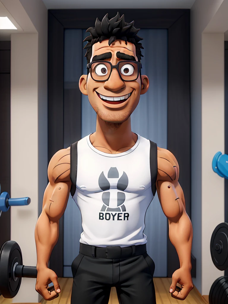 work of art,best qualityer, A young man , with dark skin ,slim man in the gym with glasses and short black hair, wearing a white sleeveless t-shirt and black gym pants, Disney  style.