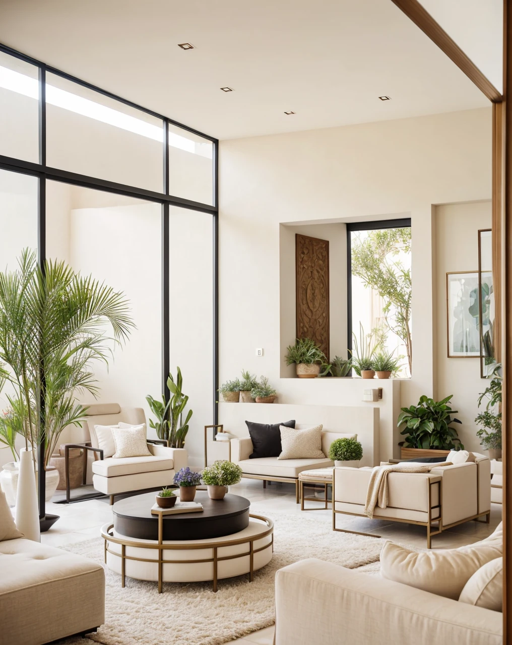 realistic photography. natural light. architectural Digest magazine quality photo. houzz photo. beautiful interior looking into a quaint living room with metal circles room divider, showroom., luxury, ultra modern, plush home. flat roof wing, popular interior home style. sandstone bricn and white walls. Lloyd wright style meets popular modern plush furniture in white, cream, beige. black. view into small yard. white stucco. peaceful potted plants, sunny day.
