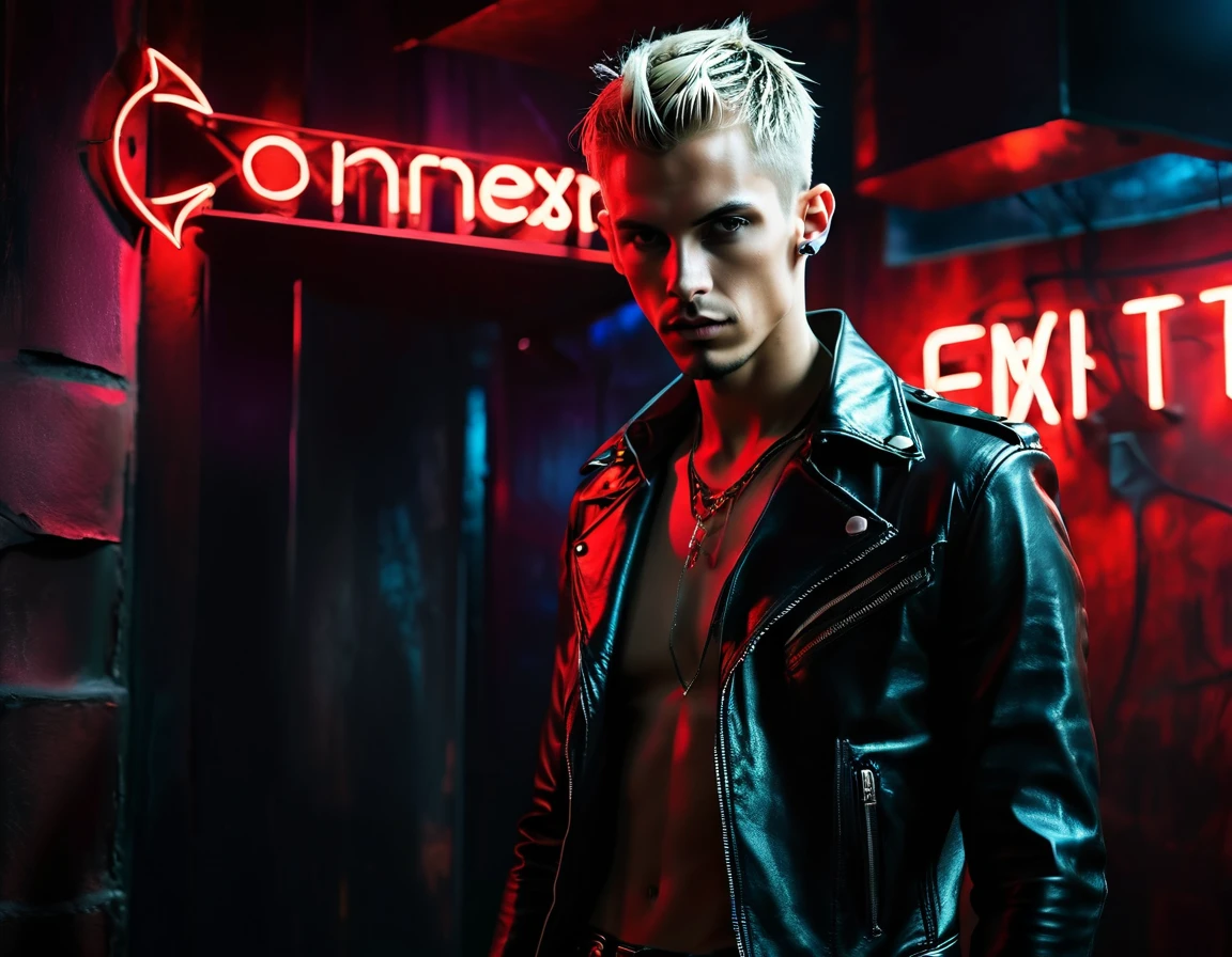 (Best Quality,4k,8k,High resolution,masterpiece:1.2),ultra detailed,sharp focus,(realist,photorealist,fotorrealista:1.37),Fotorrealist, green eyes, alone, Young man, 22 years, Pale skin, Model (skinny:1.3), (short layered platinum blonde hair:1.5), nude, sexy, (CNTX neon letters:1.4), very detailed face bdsm background,extremely detailed facial features,hyper realist skin texture,extremely fine details,intricate details, full body, big penis
detailed eyes,detailed nose,detailed lips,Detailed facial expressions,intricate facial anatomy,intense lighting,dramatic lighting,lighting change,cinematic lighting,chiaroscuro lighting,dramatic shadows,dramatic moments,vivid colors,intense colours,Deep contrast,cinematic depth of field,cinematographic composition,cinematic camera angle