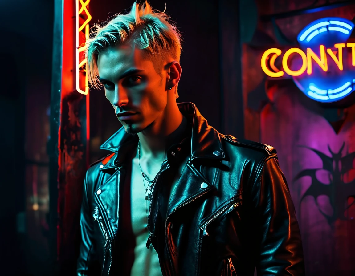 Caucasian white, male, handsome, model ((very skinny)), leather jacket, demon, incubus, in night club, short hair, blonde hair, darkness, BDSM club background, full body, hunter eyes, gothic punk attire, heavy punk eyeshadow, evil, darkness, dark, realism, realistic, perfect realism, full 16k, masterpiece, sexy (neon sign that says:"CONTEXT":1.8)