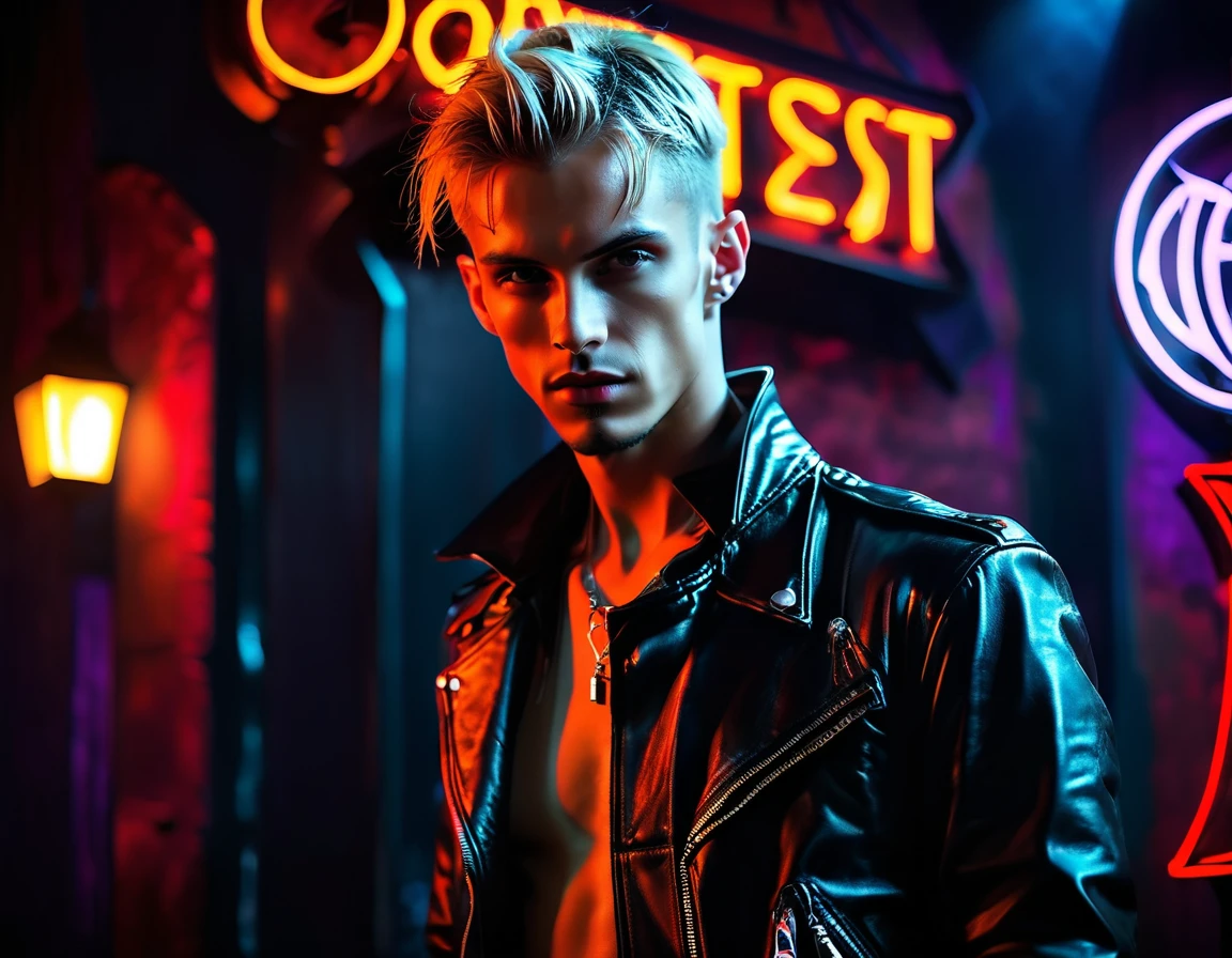 Caucasian white, male, handsome, model ((very skinny)), leather jacket, demon, incubus, in night club, short hair, blonde hair, darkness, BDSM club background, full body, hunter eyes, gothic punk attire, heavy punk eyeshadow, evil, darkness, dark, realism, realistic, perfect realism, full 16k, masterpiece, sexy (neon sign that says:"CONTEXT":1.8)