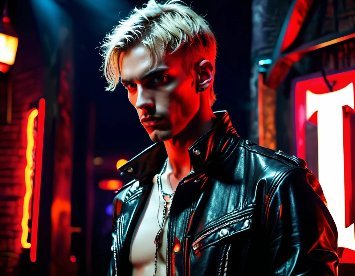 Caucasian white, male, handsome, model ((very skinny)), leather jacket, demon, incubus, in night club, short hair, blonde hair, darkness, BDSM club background, full body, hunter eyes, gothic punk attire, heavy punk eyeshadow, evil, darkness, dark, realism, realistic, perfect realism, full 16k, masterpiece, sexy (neon sign that says:"CONTEXT":1.8)