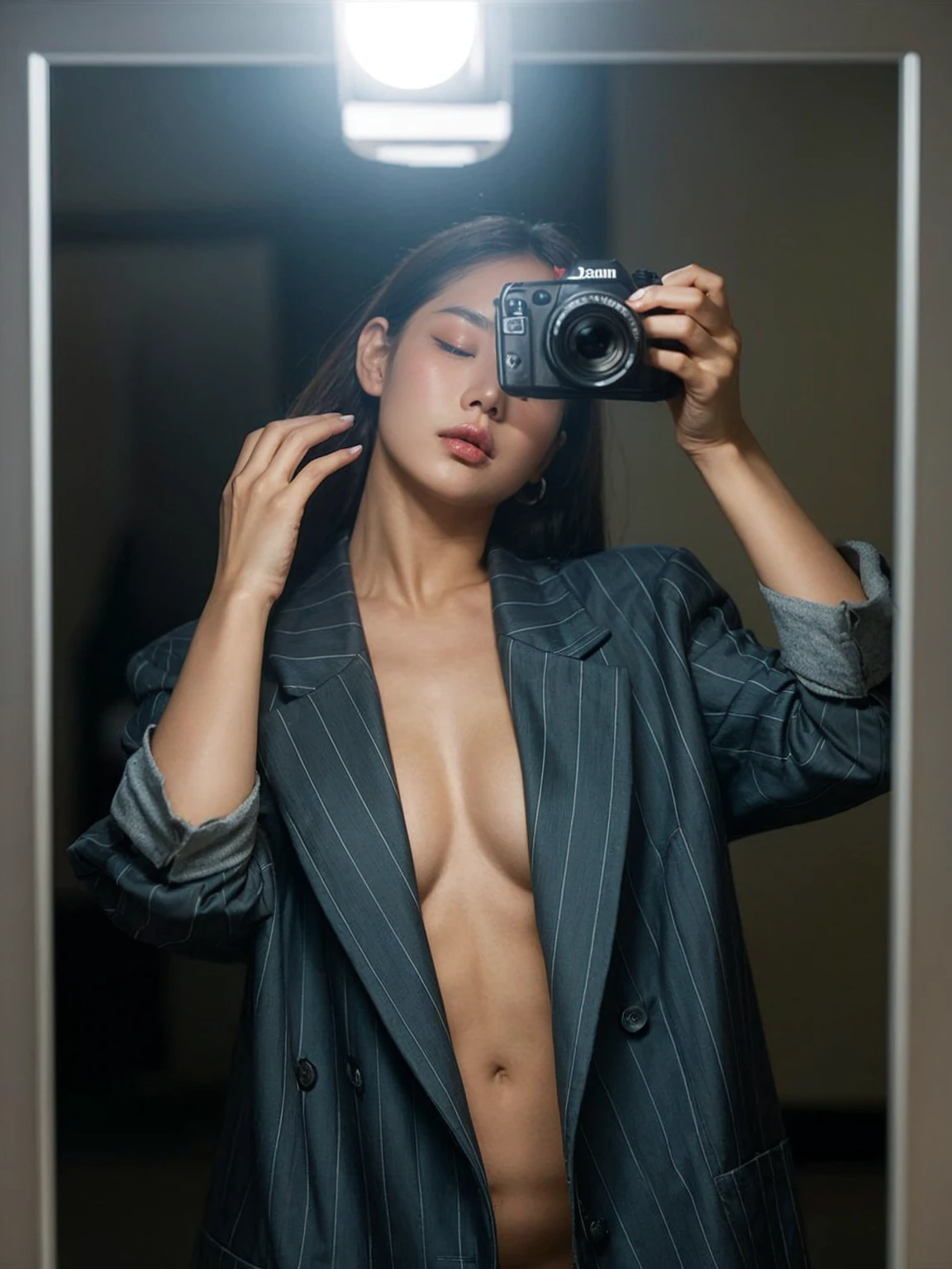 A korean woman takes a mirror selfie with a Canon EOS camera. The camera's flash illuminates the scene, creating a bright glare in the mirror. she has a pear body shape with an larged-size breast, She wears a bright red, vertically striped blazer with rolled-up sleeves, left open to reveal her bare larged-size breast. Her expression is serene, with her eyes slightly closed and her head tilted slightly to one side as she touches her hair with her other hand, messy wavy hair. The background appears dim, giving prominence to the subject in the foreground.