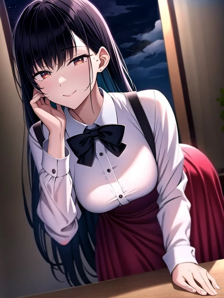 (Ultra-realistic), (figure), (High resolution), (8k), (Very detailed), Shy and nervous expression,(best figure), night ( Chainsaw Man ), (Beautiful attention to detail), (Highest quality), (Very detailed), (masterpiece), (wallpaper), (Detailed face), alone, Upper Body, Focus on the face, 1 girl, Long black hair, Korean, Light eyeshadow, Well-detailed eyes, Brown eyes, Small mole under eye, Long sleeve shirt, Neck Bow, Small breasts, Apron dress, Dynamic pose, Low light, night, dark, cloud, dark night