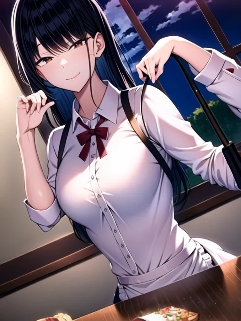 (Ultra-realistic), (figure), (High resolution), (8k), (Very detailed), Shy and nervous expression,(best figure), night ( Chainsaw Man ), (Beautiful attention to detail), (Highest quality), (Very detailed), (masterpiece), (wallpaper), (Detailed face), alone, Upper Body, Focus on the face, 1 girl, Long black hair, Korean, Light eyeshadow, Well-detailed eyes, Brown eyes, Small mole under eye, Long sleeve shirt, Neck Bow, Small breasts, Apron dress, Dynamic pose, Low light, night, dark, cloud, dark night