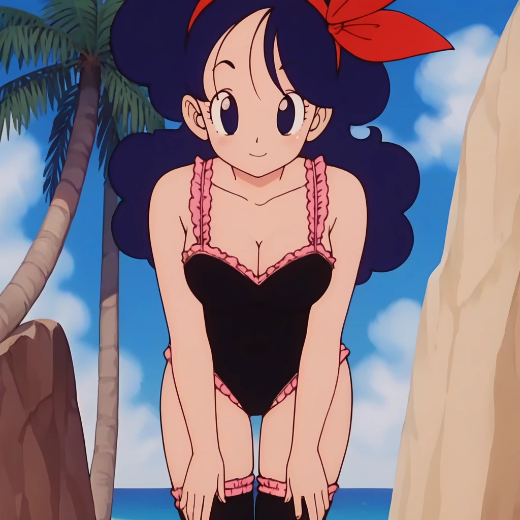source_anime, score_9, score_8_up, score_7_up, anime screencap, high quality, launch good, 1girl, solo, blue hair, breasts, frills, black leotard, frilled leotard, leaning forward, press breasts together, looking at viewer, looking up, smile, blue eyes, cleavage, long hair, sky, curly hair, blue sky, midriff, day, big breasts, outdoors, ribbon, red hairband, bare shoulders, collarbone, red footwear, black legwear, eyelashes, seaside, sunset light