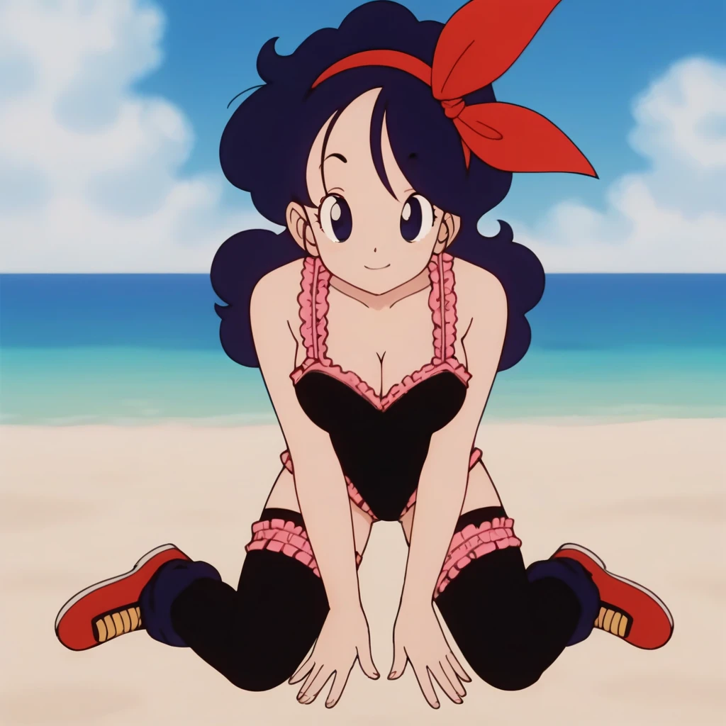 source_anime, score_9, score_8_up, score_7_up, anime screencap, high quality, launch good, 1girl, solo, blue hair, breasts, frills, black leotard, frilled leotard, leaning forward, press breasts together, looking at viewer, looking up, smile, blue eyes, cleavage, long hair, sky, curly hair, blue sky, midriff, day, big breasts, outdoors, ribbon, red hairband, bare shoulders, collarbone, red footwear, black legwear, eyelashes, seaside, sunset light