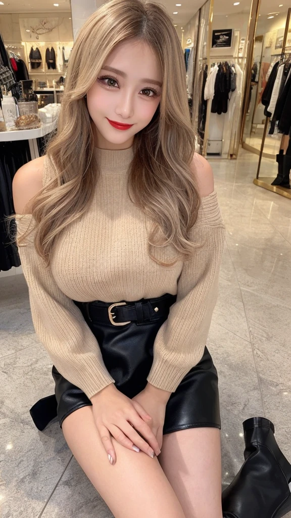 High resolution、blondeヘア、girl、Light Hair Color、Tanned hair、sexy、blonde、Thin legs、Beautiful eyelashes、High resolution、Zoom out、20-year-old、 Wide viewing angles、Highest quality、Very detailed、Finer details、High resolution、8k wallpaper、Beautiful eyes in every detail、Natural lip color、Off-the-shoulder sweater、leather skirt、mini skirt、thigh-high boots、long hair、wave hair、Shopping Centre、Apparel Shop、Accentuate your breasts、Cute face、belt、Crossing your legs、smile