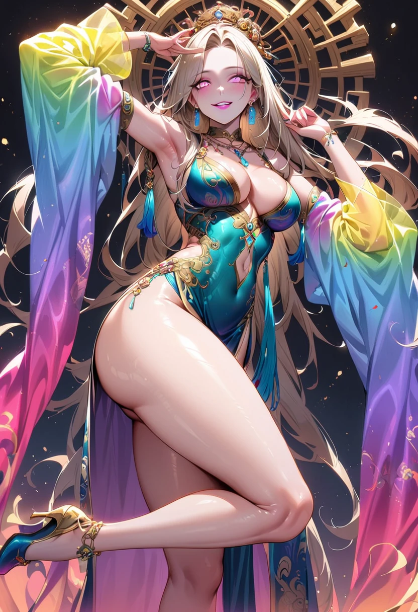 1 mature beautiful woman,(Highest quality,Extremely detailed depiction,Incredibly absurd high resolution,Anatomically accurate depiction,Curvy Legs,Detailed pupil),(Glowing Skin,Shiny skin),(A charming Chinese noble lady),(The intricately constructed costume of a Chinese goddess,See-through,Intricate embroidery,Shiny fabric,Rainbow gradient sleeves,black tights),eyelash,(Pink Eyes,Crazy Eyes,There is cleavage in the chest,Wicked Smile,Glossy Lips,Flashy makeup,Seductive gestures),Luxury accessories,earrings,necklace,whole body,background:Chinese-style mansion