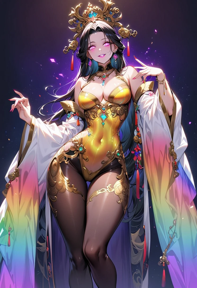 1 mature beautiful woman,(Highest quality,Extremely detailed depiction,Incredibly absurd high resolution,Anatomically accurate depiction,Curvy Legs,Detailed pupil),(Glowing Skin,Shiny skin),(A charming Chinese noble lady),(The intricately constructed costume of a Chinese goddess,See-through,Intricate embroidery,Shiny fabric,Rainbow gradient sleeves,black tights),eyelash,(Pink Eyes,Crazy Eyes,There is cleavage in the chest,Wicked Smile,Glossy Lips,Flashy makeup,Seductive gestures),Luxury accessories,earrings,necklace,whole body,background:Chinese-style mansion