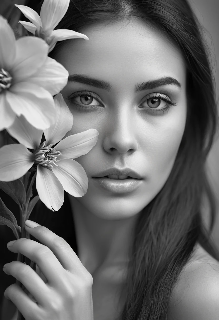 A black and white photo in raw format, zooming in on the intricate details of a woman's face, revealing the delicate lines of her skin and the depth of her expressive eyes. Frame the shot with a solitary striking flower, delicately held in the woman's hand, adding a touch of softness and femininity to the composition, enhancing the dramatic contrast and textures of the monochrome image.