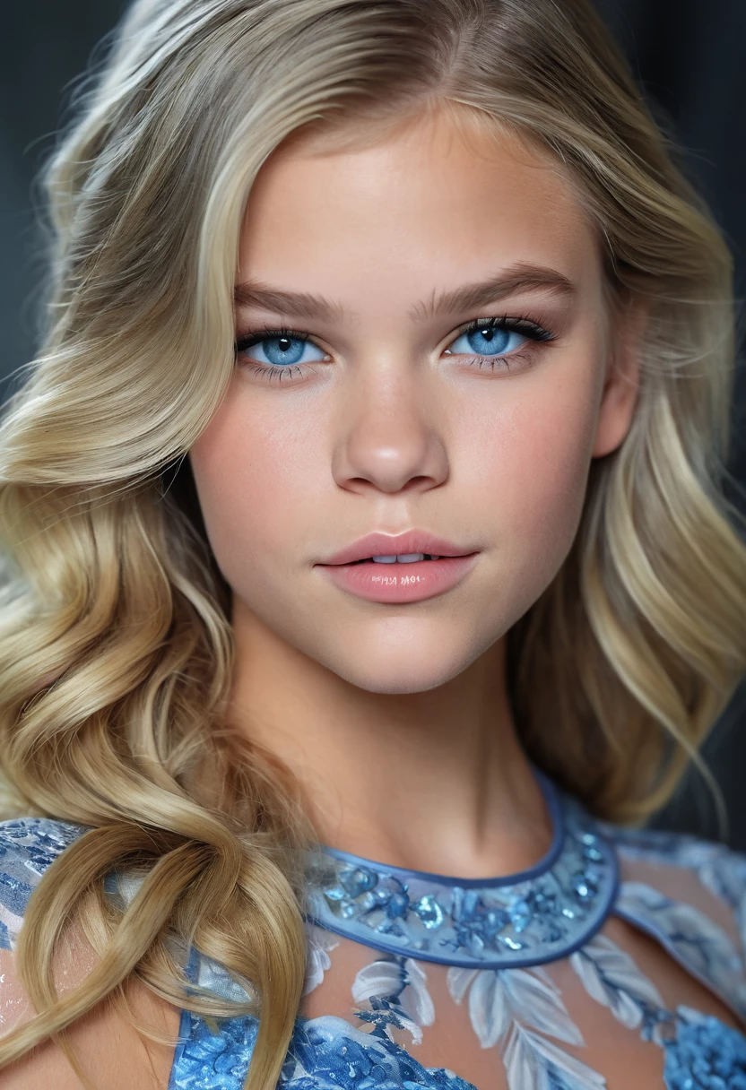 Portrait of a Norwegian beautiful tween, Sydney Cole, Jessa Rhodes, intricate dress, soft smile, huge natural lips, long blonde hair, blue-grey eyes, realism, digital painting, concept art, smooth, sharp focus, rule of thirds, Style-Psycho