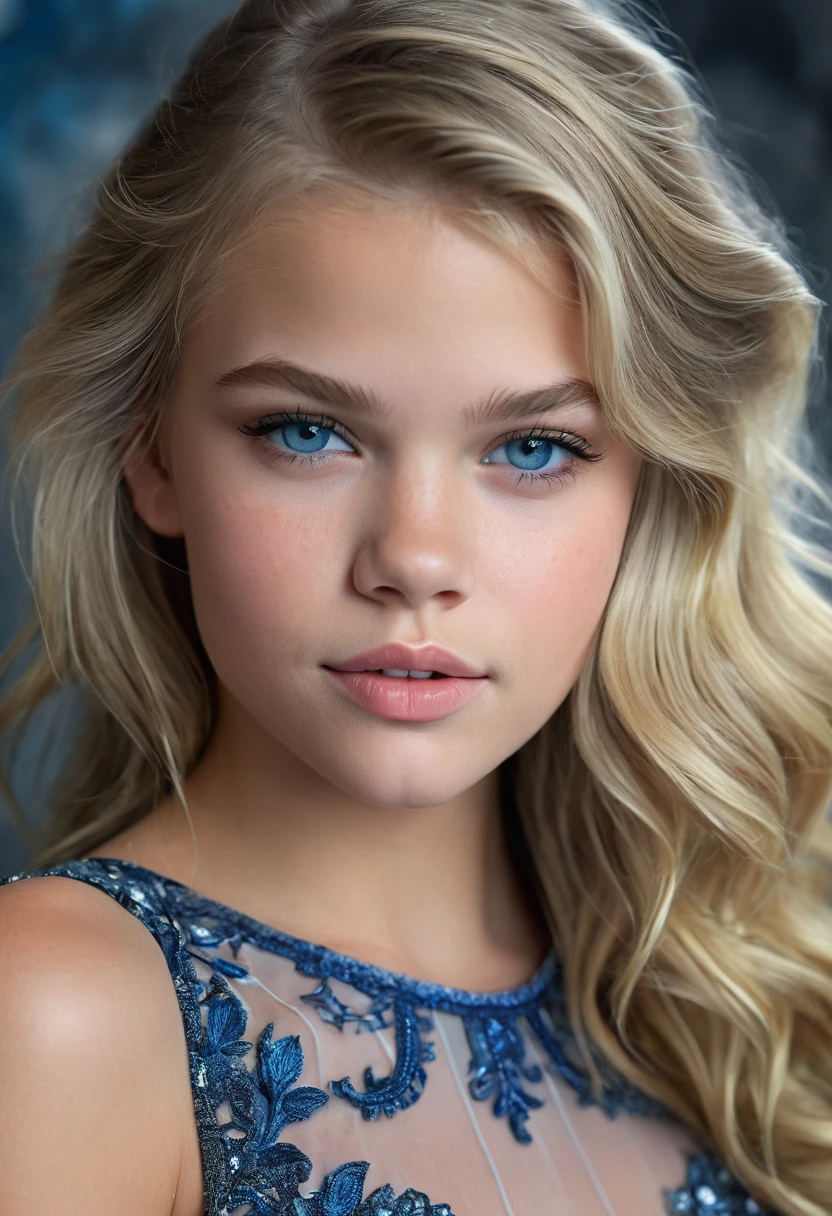 Portrait of a Norwegian beautiful tween, Sydney Cole, Jessa Rhodes, intricate dress, soft smile, huge natural lips, long blonde hair, blue-grey eyes, realism, digital painting, concept art, smooth, sharp focus, rule of thirds, Style-Psycho